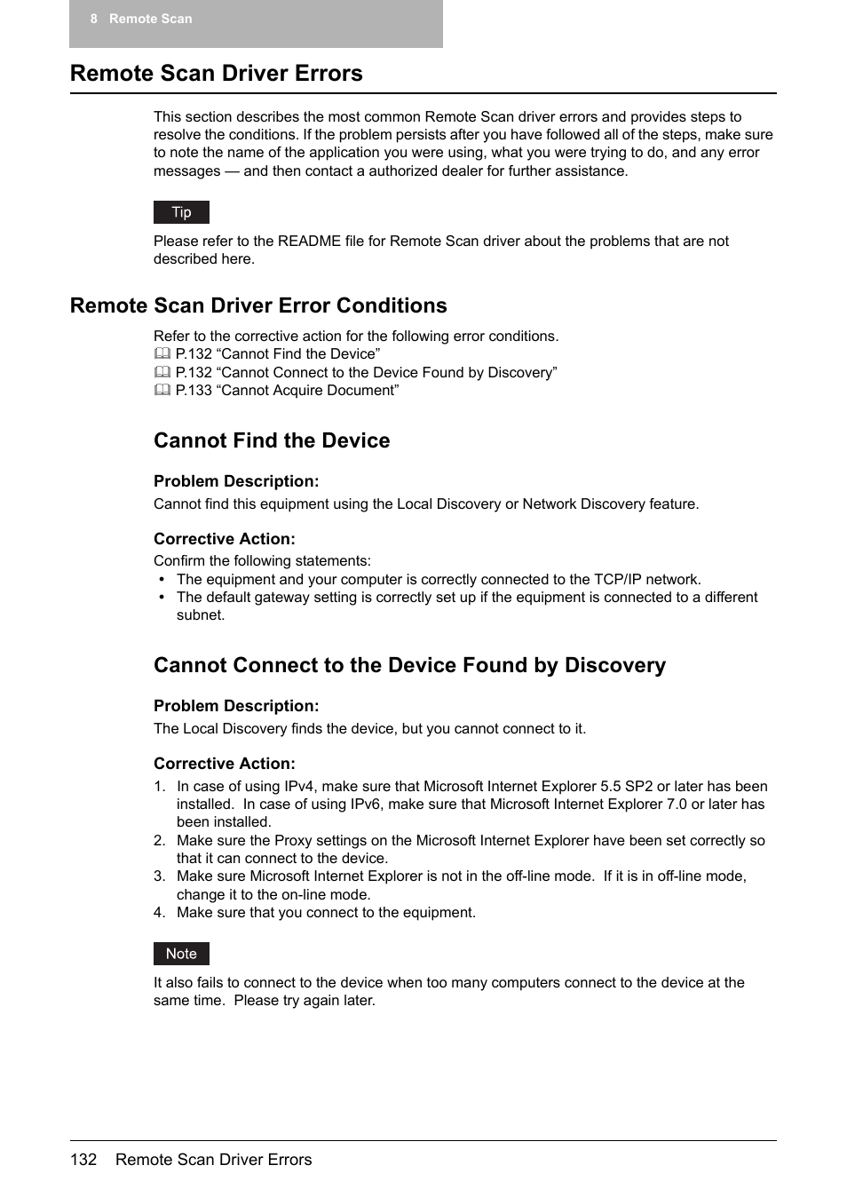 Remote scan driver errors, Remote scan driver error conditions, Cannot find the device | Cannot connect to the device found by discovery | Toshiba E-STUDIO 352 User Manual | Page 132 / 142