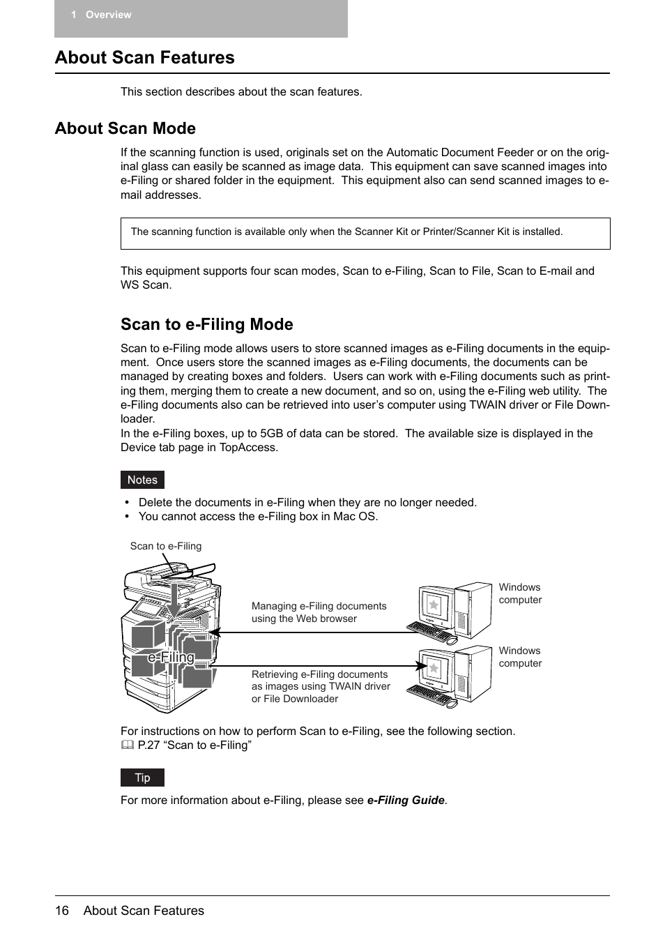 About scan features, About scan mode, Scan to e-filing mode | Toshiba E-STUDIO 352 User Manual | Page 16 / 142