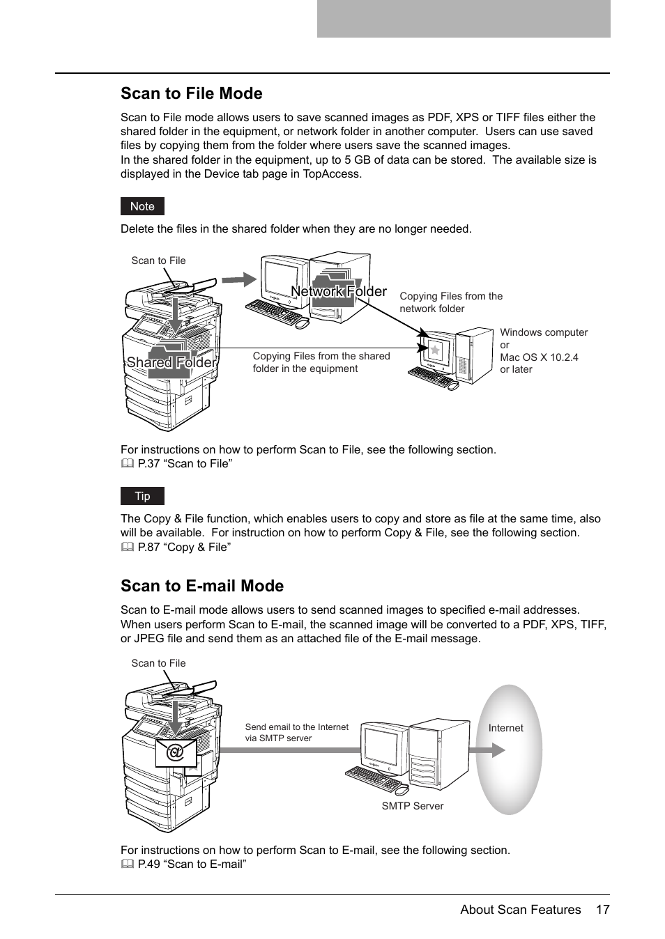 Scan to file mode, Scan to e-mail mode, Scan to file mode scan to e-mail mode | Toshiba E-STUDIO 352 User Manual | Page 17 / 142