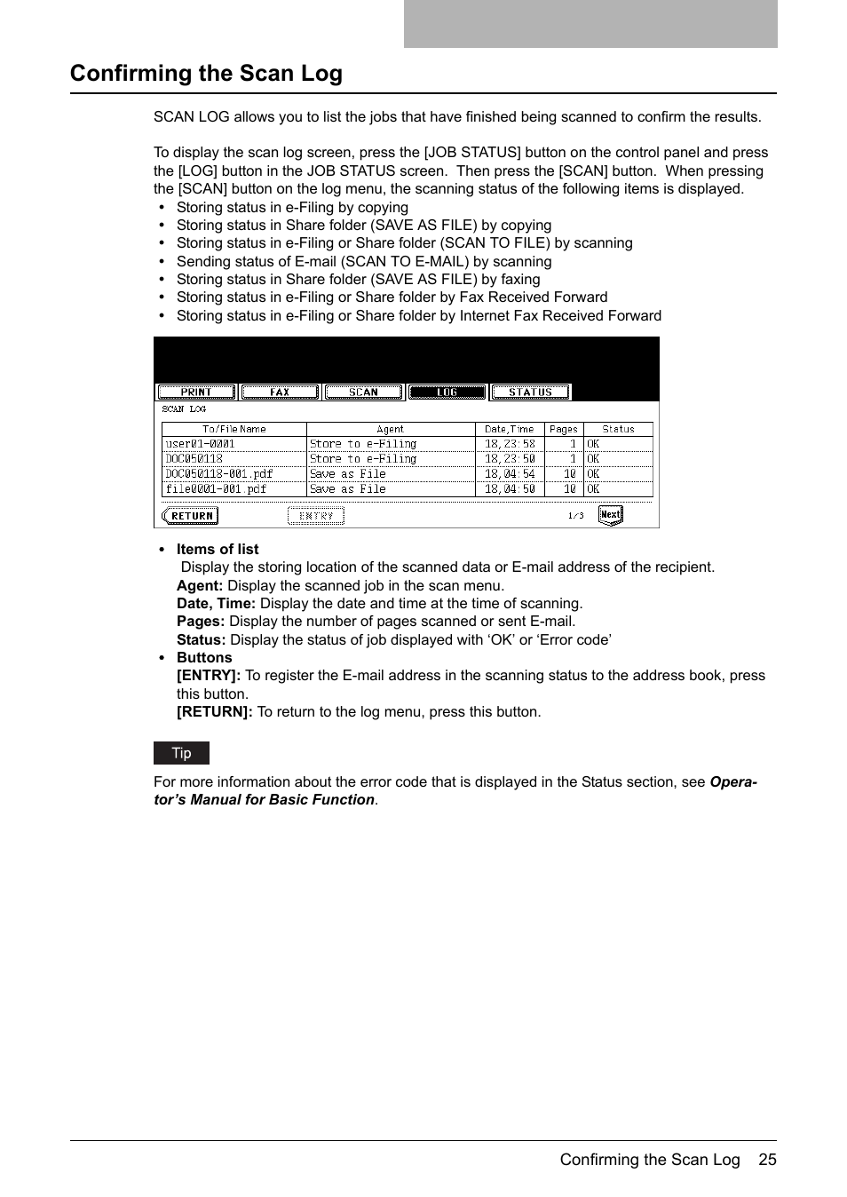 Confirming the scan log | Toshiba E-STUDIO 352 User Manual | Page 25 / 142