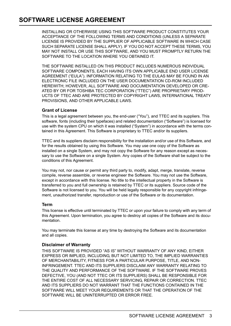 Software license agreement | Toshiba E-STUDIO 352 User Manual | Page 3 / 142