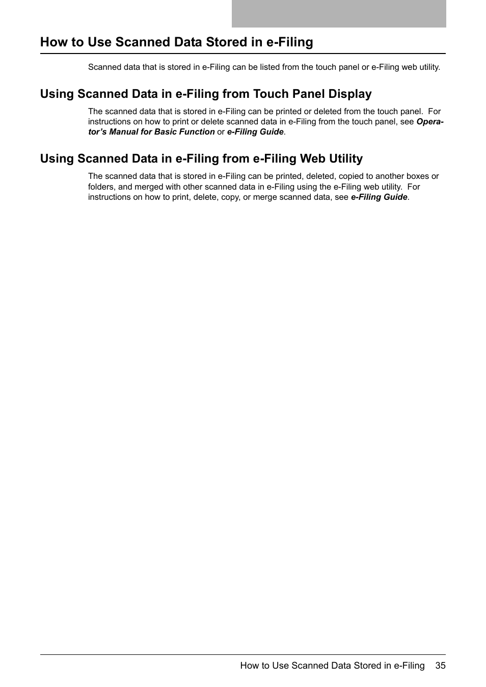 How to use scanned data stored in e-filing | Toshiba E-STUDIO 352 User Manual | Page 35 / 142