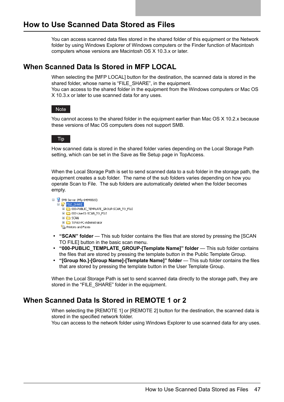 How to use scanned data stored as files, When scanned data is stored in mfp local, When scanned data is stored in remote 1 or 2 | Toshiba E-STUDIO 352 User Manual | Page 47 / 142