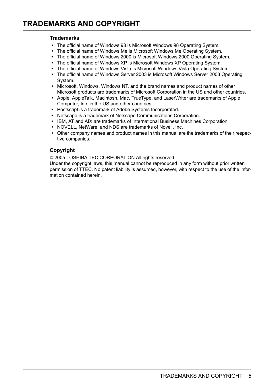 Trademarks and copyright | Toshiba E-STUDIO 352 User Manual | Page 5 / 142