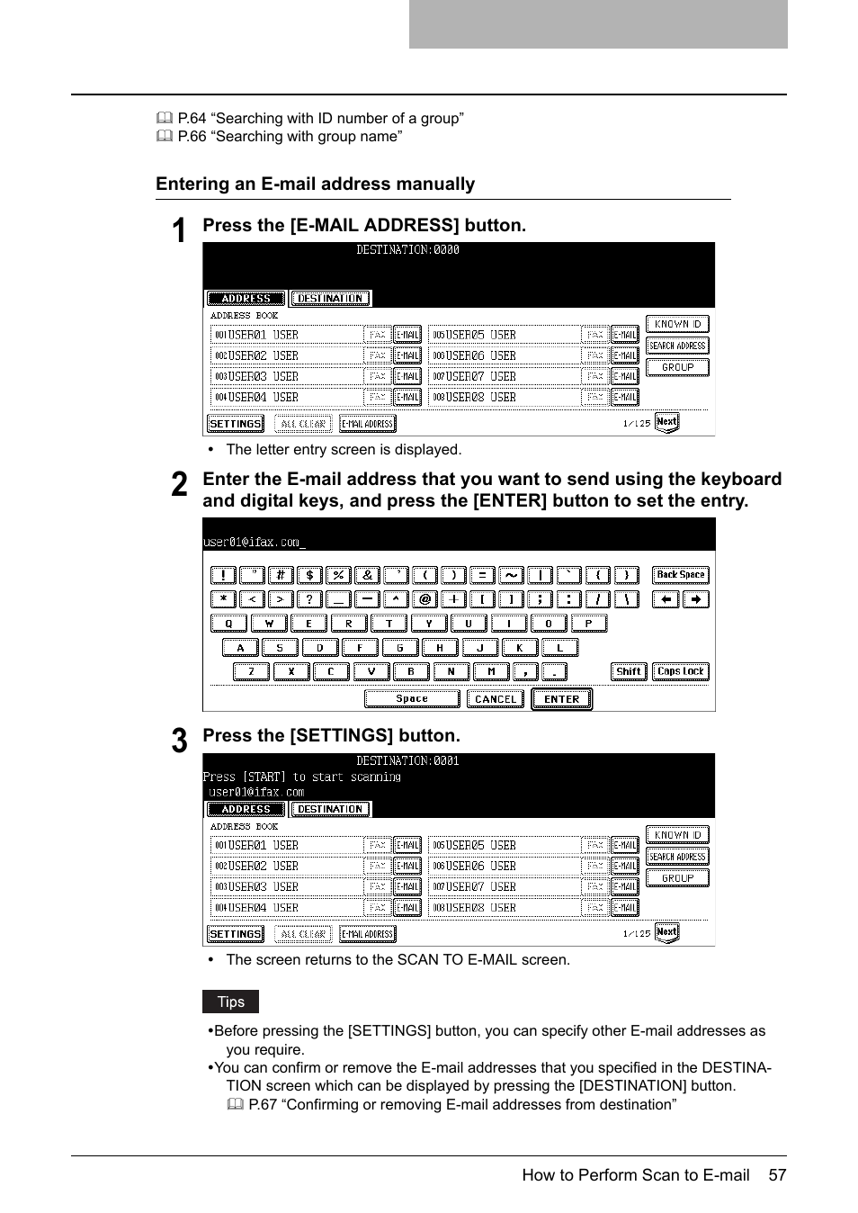 P.57 “entering an e-mail address manually | Toshiba E-STUDIO 352 User Manual | Page 57 / 142