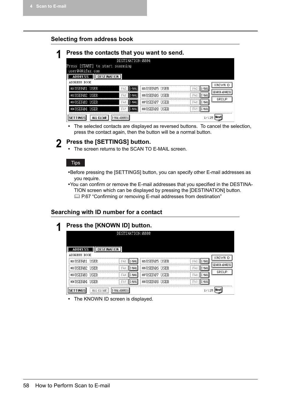 P.58 “selecting from address book, P.58 “searching with id number for a contact | Toshiba E-STUDIO 352 User Manual | Page 58 / 142