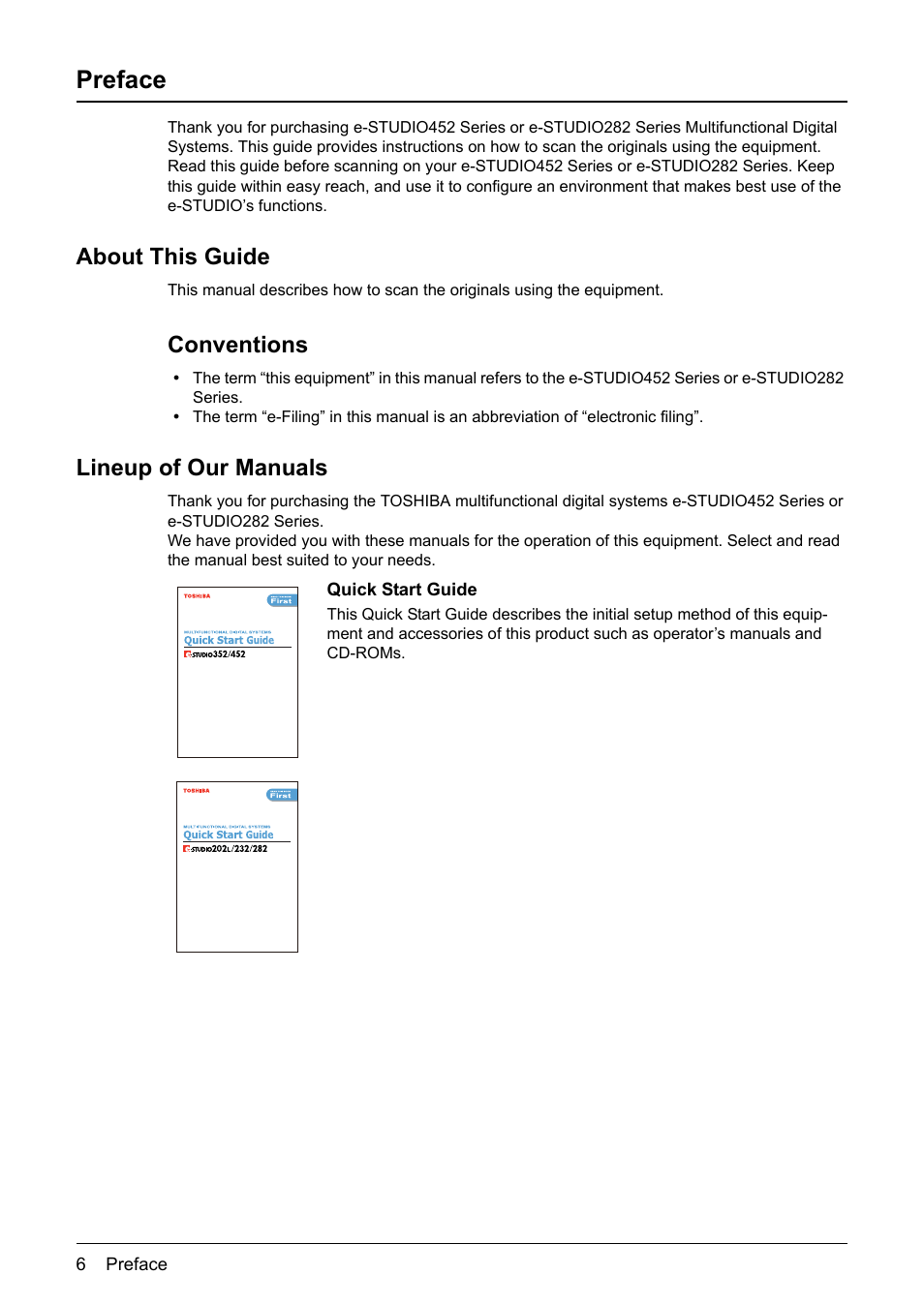 Preface, About this guide, Conventions | Lineup of our manuals | Toshiba E-STUDIO 352 User Manual | Page 6 / 142