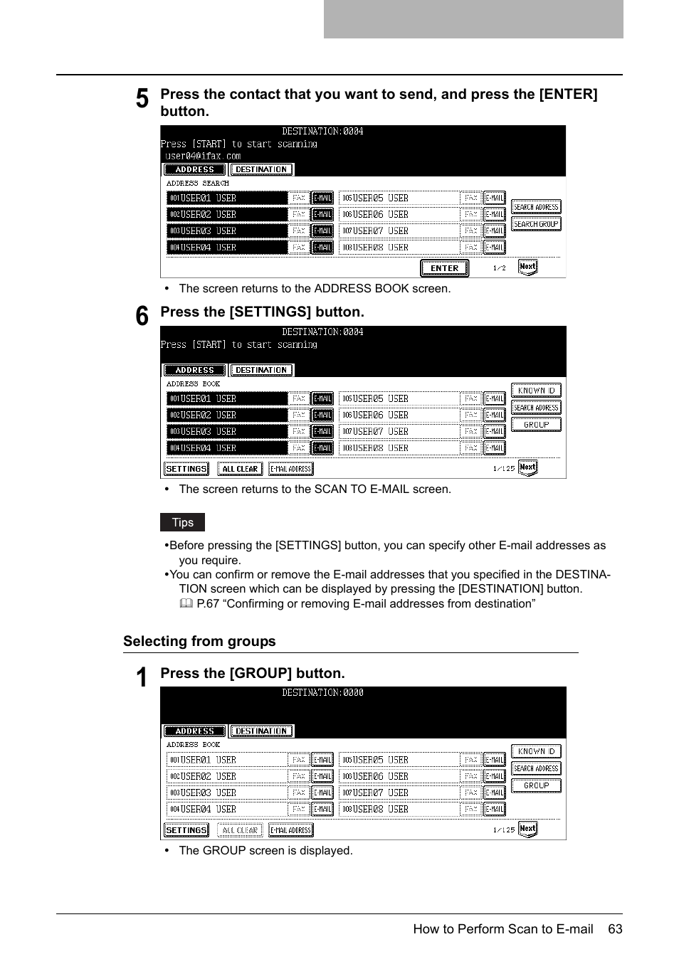 P.63 “selecting from groups | Toshiba E-STUDIO 352 User Manual | Page 63 / 142