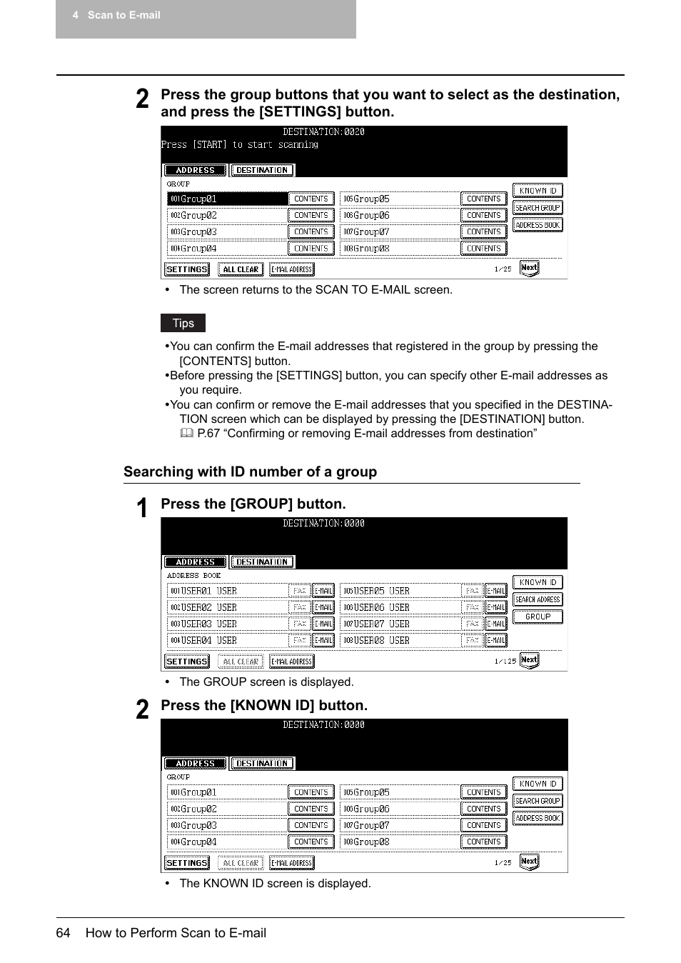 P.64 “searching with id number of a group | Toshiba E-STUDIO 352 User Manual | Page 64 / 142