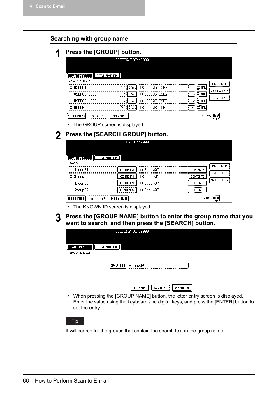 P.66 “searching with group name | Toshiba E-STUDIO 352 User Manual | Page 66 / 142