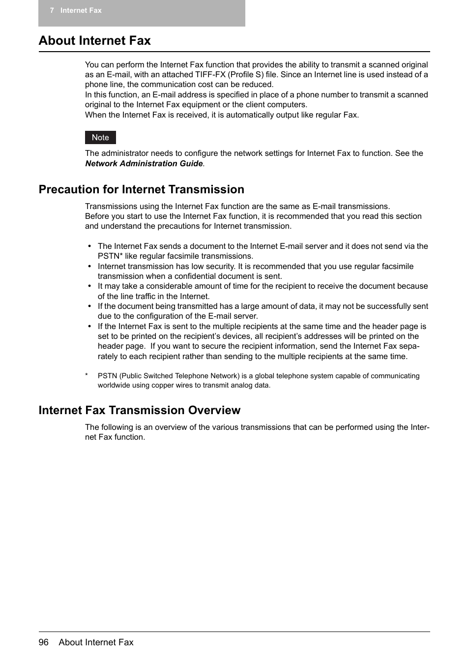 About internet fax, Precaution for internet transmission, Internet fax transmission overview | Toshiba E-STUDIO 352 User Manual | Page 96 / 142