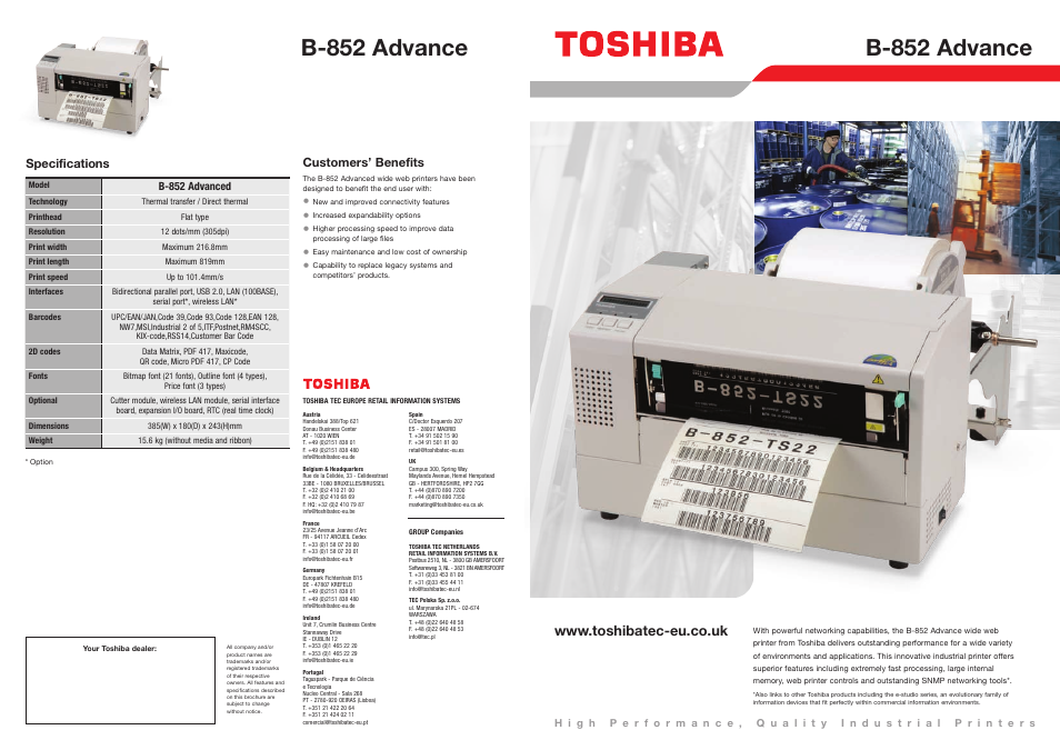 Toshiba B-852 Advance User Manual | 2 pages