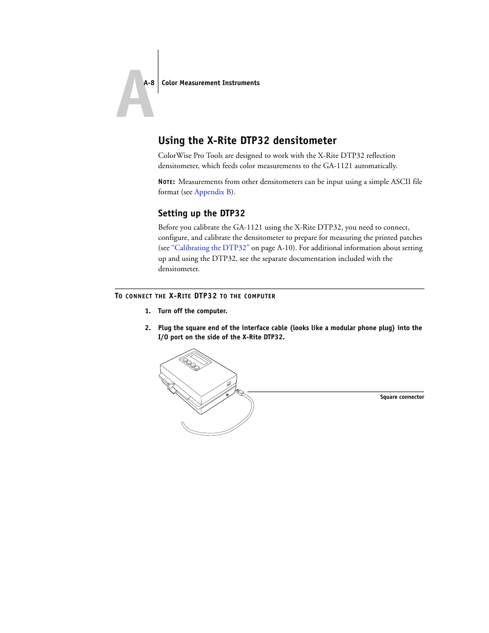 Using the x-rite dtp32 densitometer, Setting up the dtp32 | Toshiba GA-1121 User Manual | Page 106 / 118