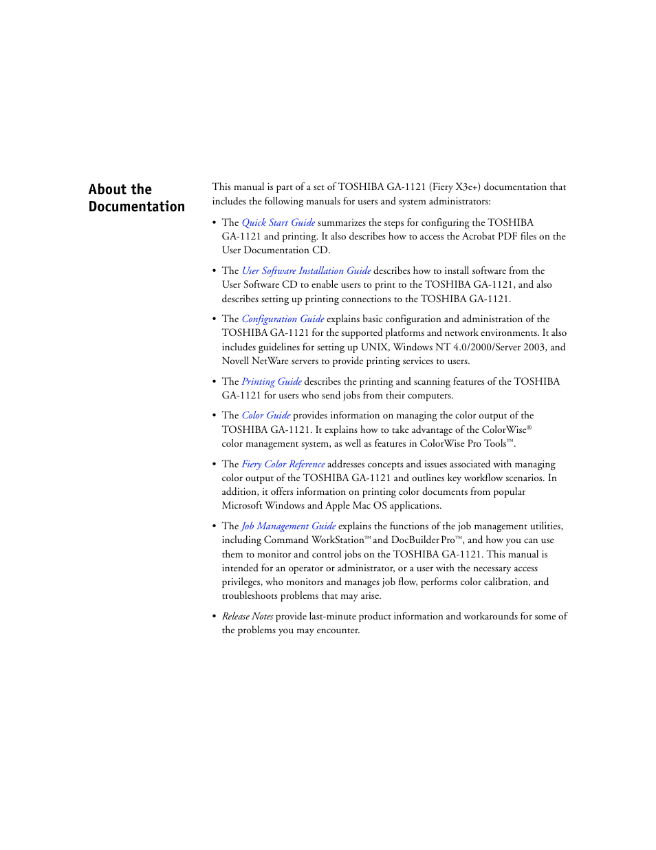 About the documentation | Toshiba GA-1121 User Manual | Page 2 / 118