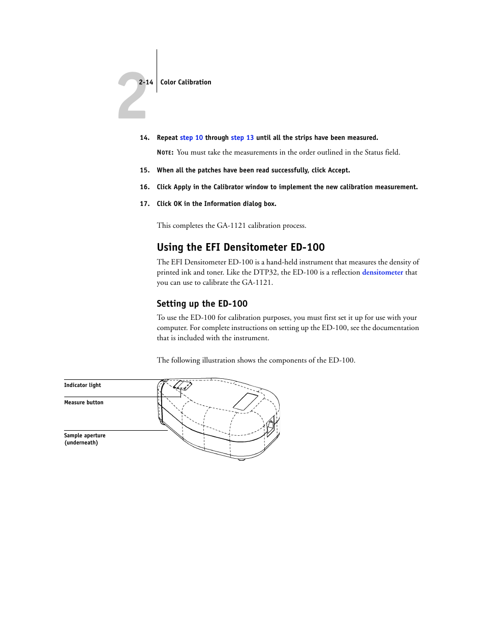 Using the efi densitometer ed-100, Setting up the ed-100 | Toshiba GA-1121 User Manual | Page 50 / 118