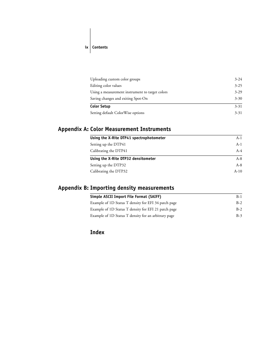 Appendix a: color measurement instruments, Appendix b: importing density measurements, Index | Toshiba GA-1121 User Manual | Page 9 / 118