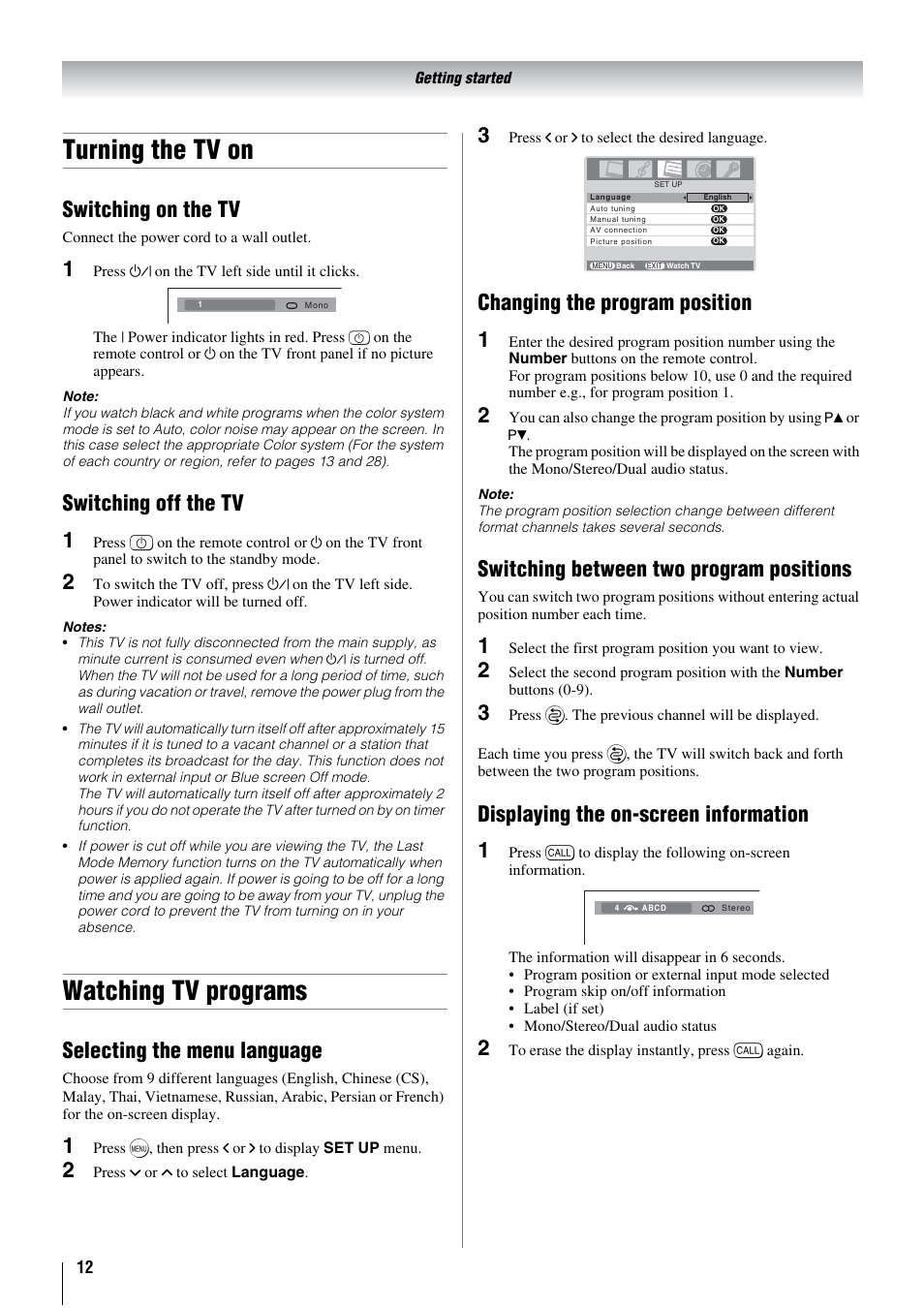 Turning the tv on, Watching tv programs, Switching on the tv | Switching off the tv 1, Selecting the menu language, Changing the program position 1, Switching between two program positions, Displaying the on-screen information 1 | Toshiba 26WL66A User Manual | Page 12 / 32