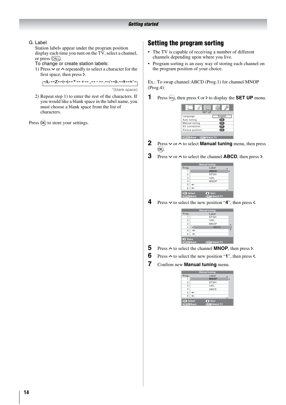 Setting the program sorting, Press u to select the channel mnop , then press i, Confirm new manual tuning menu | Toshiba 26WL66A User Manual | Page 14 / 32