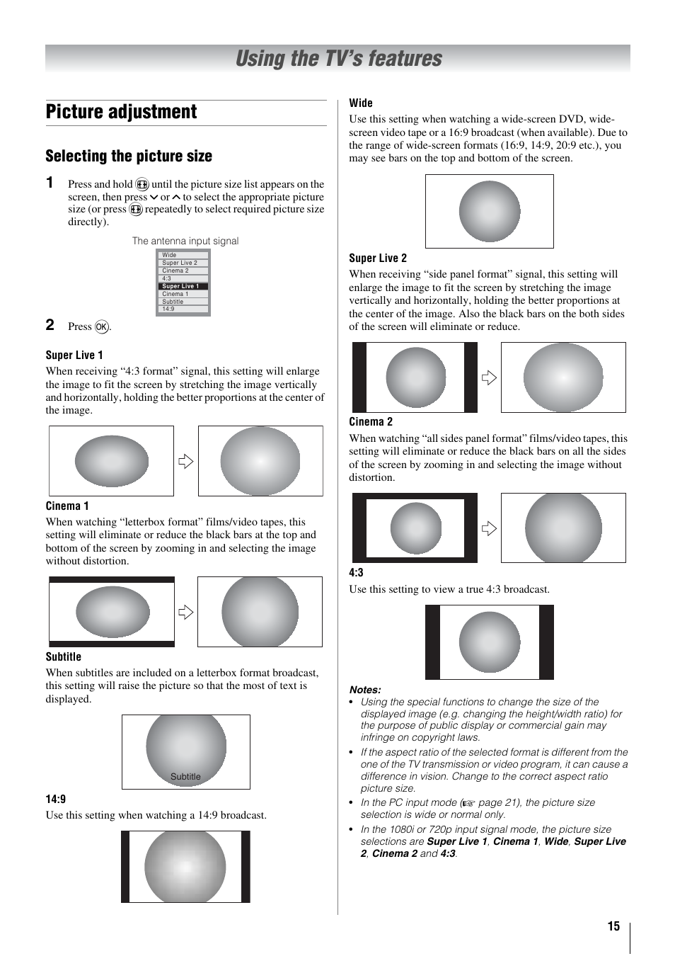 Using the tv’s features, Picture adjustment, Selecting the picture size 1 | Toshiba 26WL66A User Manual | Page 15 / 32