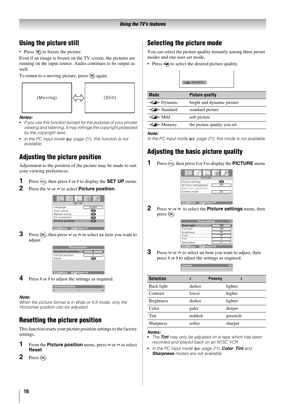 Using the picture still, Adjusting the picture position, Resetting the picture position | Selecting the picture mode, Adjusting the basic picture quality 1 | Toshiba 26WL66A User Manual | Page 16 / 32