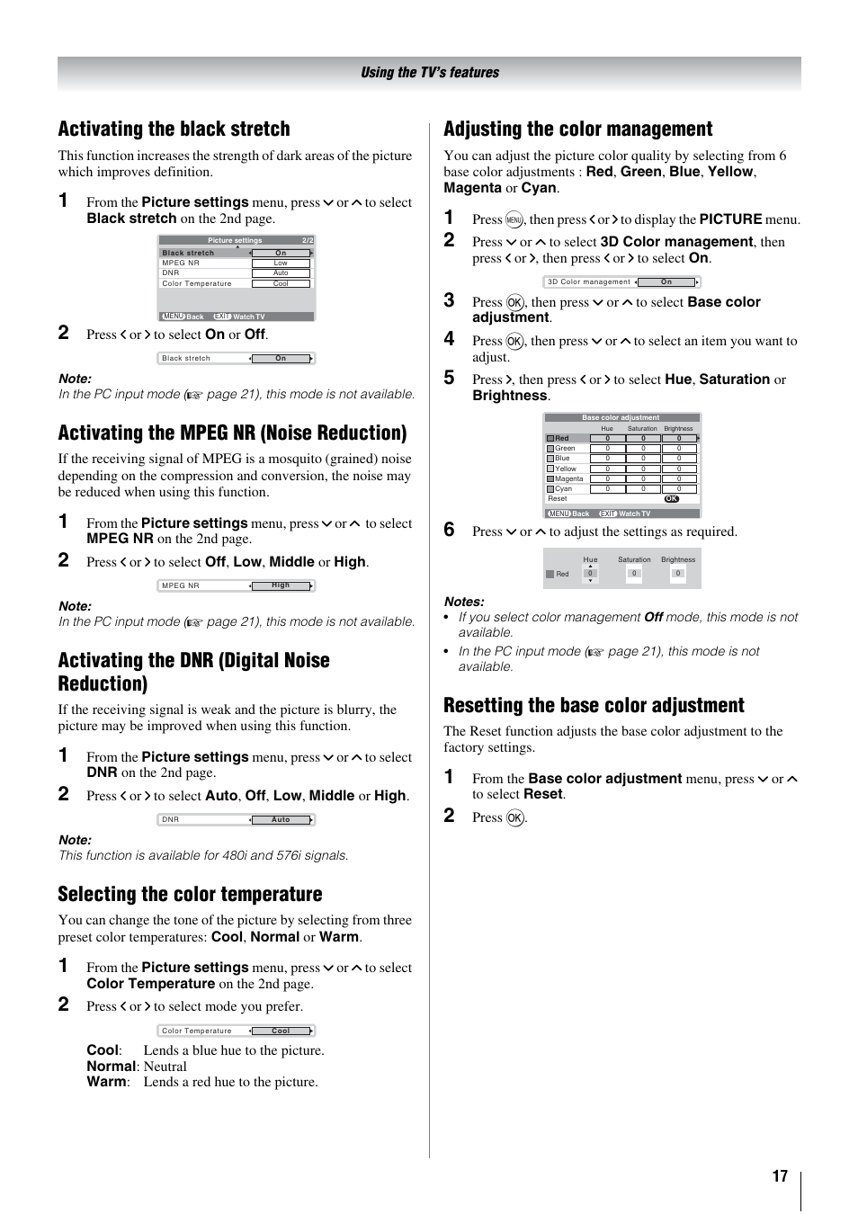 Activating the black stretch, Activating the mpeg nr (noise reduction), Activating the dnr (digital noise reduction) | Selecting the color temperature, Adjusting the color management, Resetting the base color adjustment | Toshiba 26WL66A User Manual | Page 17 / 32