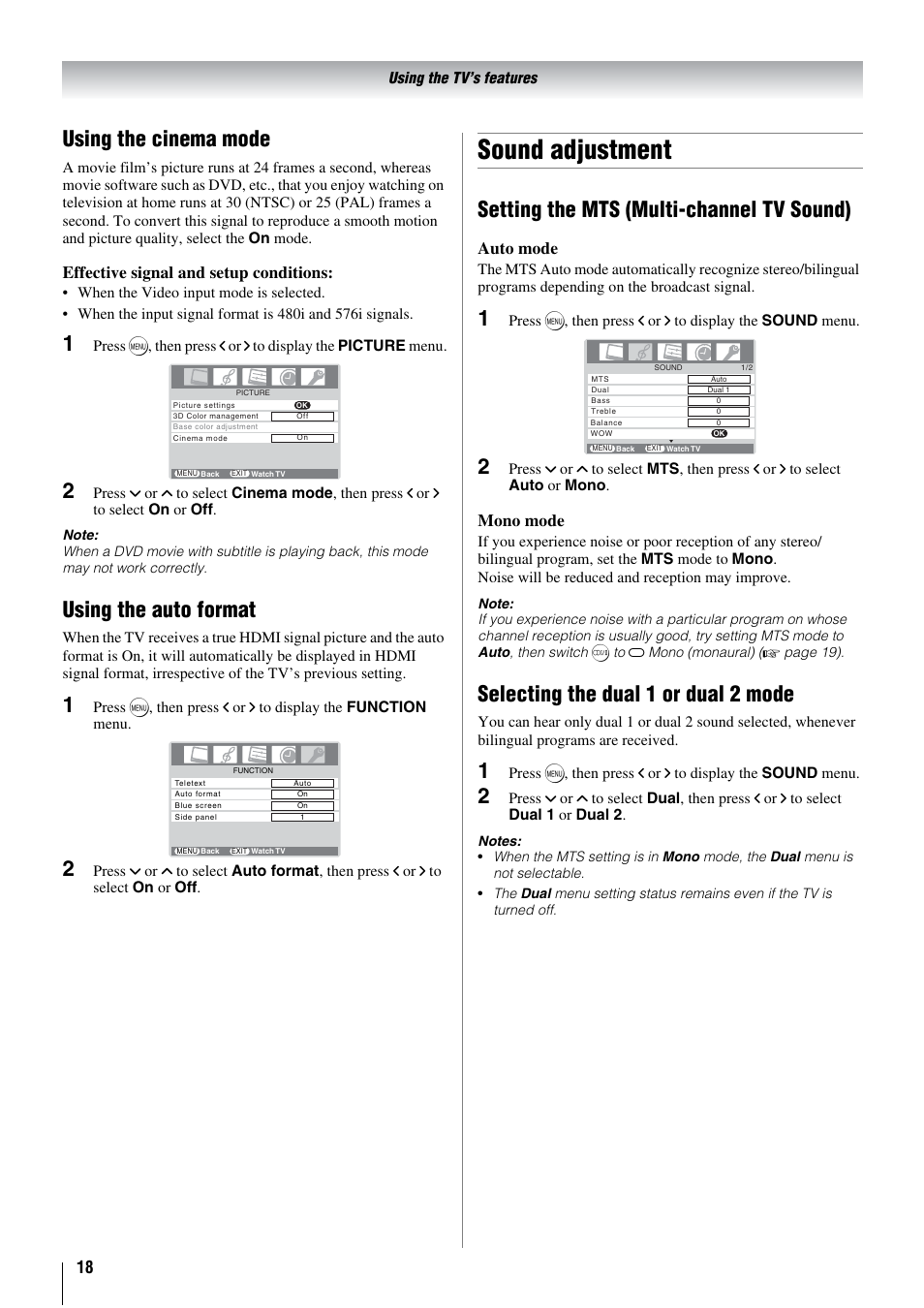 Sound adjustment, Using the cinema mode, Using the auto format | Setting the mts (multi-channel tv sound), Selecting the dual 1 or dual 2 mode, Effective signal and setup conditions, Auto mode, Mono mode | Toshiba 26WL66A User Manual | Page 18 / 32