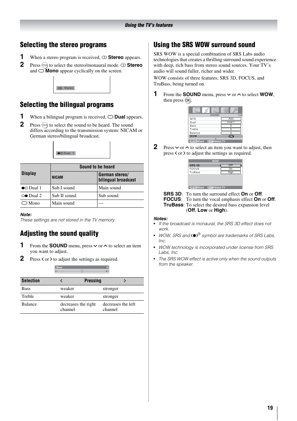 Selecting the stereo programs 1, Selecting the bilingual programs 1, Adjusting the sound quality 1 | Using the srs wow surround sound | Toshiba 26WL66A User Manual | Page 19 / 32