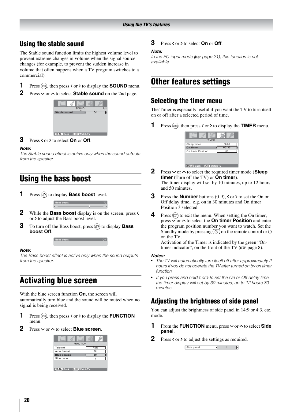 Using the bass boost, Activating blue screen, Other features settings | Using the stable sound, Selecting the timer menu, Adjusting the brightness of side panel | Toshiba 26WL66A User Manual | Page 20 / 32