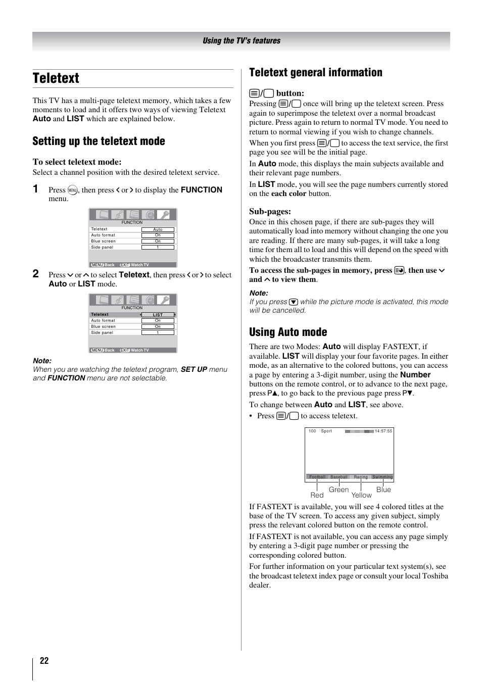 Teletext, Setting up the teletext mode, Teletext general information | Using auto mode, E button, Sub-pages | Toshiba 26WL66A User Manual | Page 22 / 32