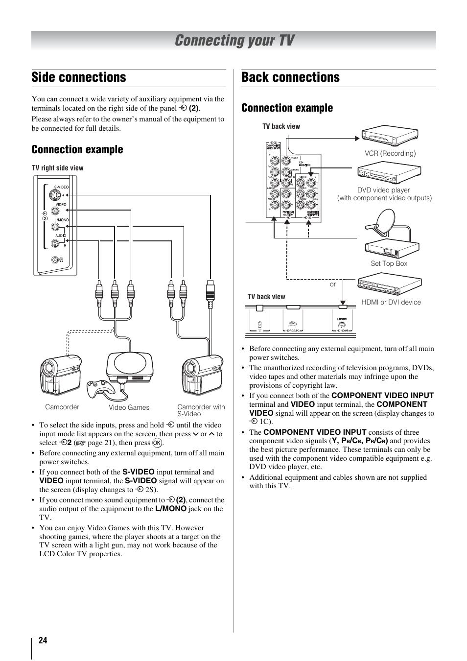 Connecting your tv, Side connections, Back connections | Connection example | Toshiba 26WL66A User Manual | Page 24 / 32