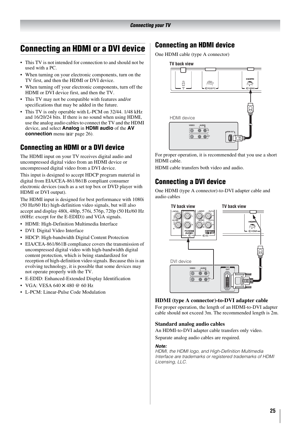 Connecting an hdmi or a dvi device, Connecting an hdmi device, Connecting a dvi device | Hdmi (type a connector)-to-dvi adapter cable, Standard analog audio cables | Toshiba 26WL66A User Manual | Page 25 / 32