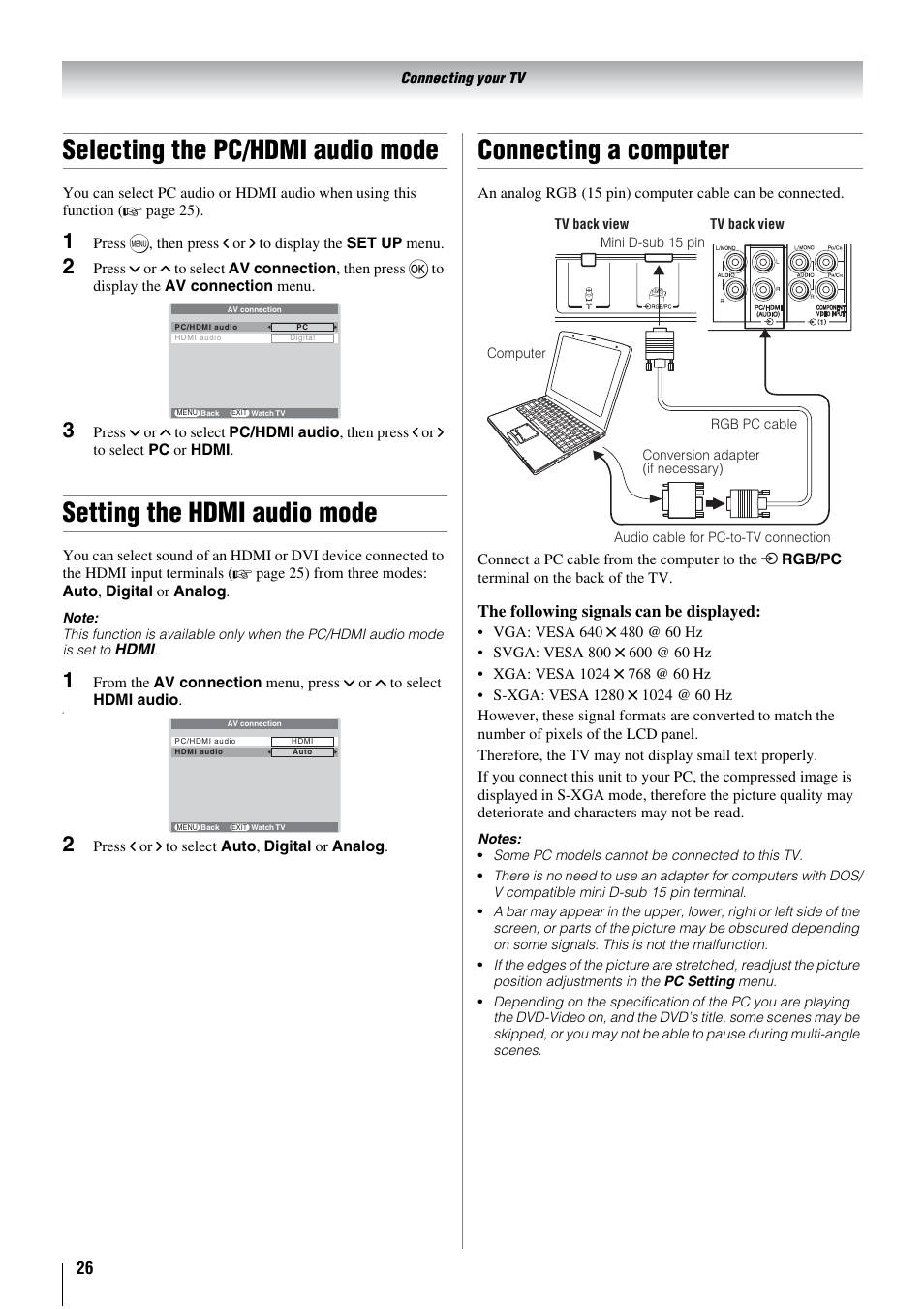 Selecting the pc/hdmi audio mode, Setting the hdmi audio mode, Connecting a computer | Toshiba 26WL66A User Manual | Page 26 / 32