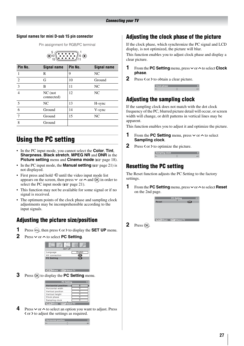 Using the pc setting, Adjusting the picture size/position 1, Adjusting the clock phase of the picture | Adjusting the sampling clock, Resetting the pc setting | Toshiba 26WL66A User Manual | Page 27 / 32
