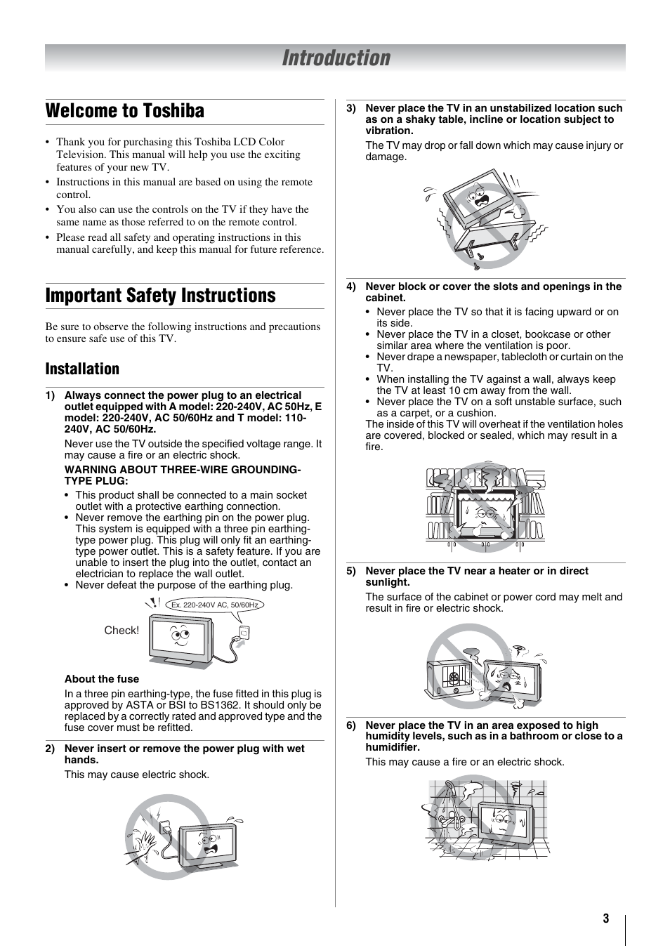 Introduction, Welcome to toshiba, Important safety instructions | Installation | Toshiba 26WL66A User Manual | Page 3 / 32