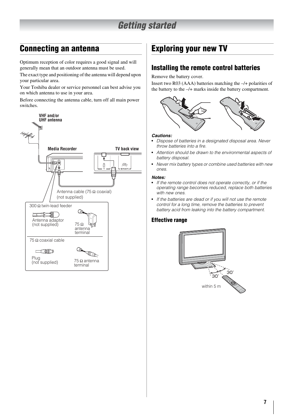 Getting started, Connecting an antenna, Exploring your new tv | Installing the remote control batteries | Toshiba 26WL66A User Manual | Page 7 / 32