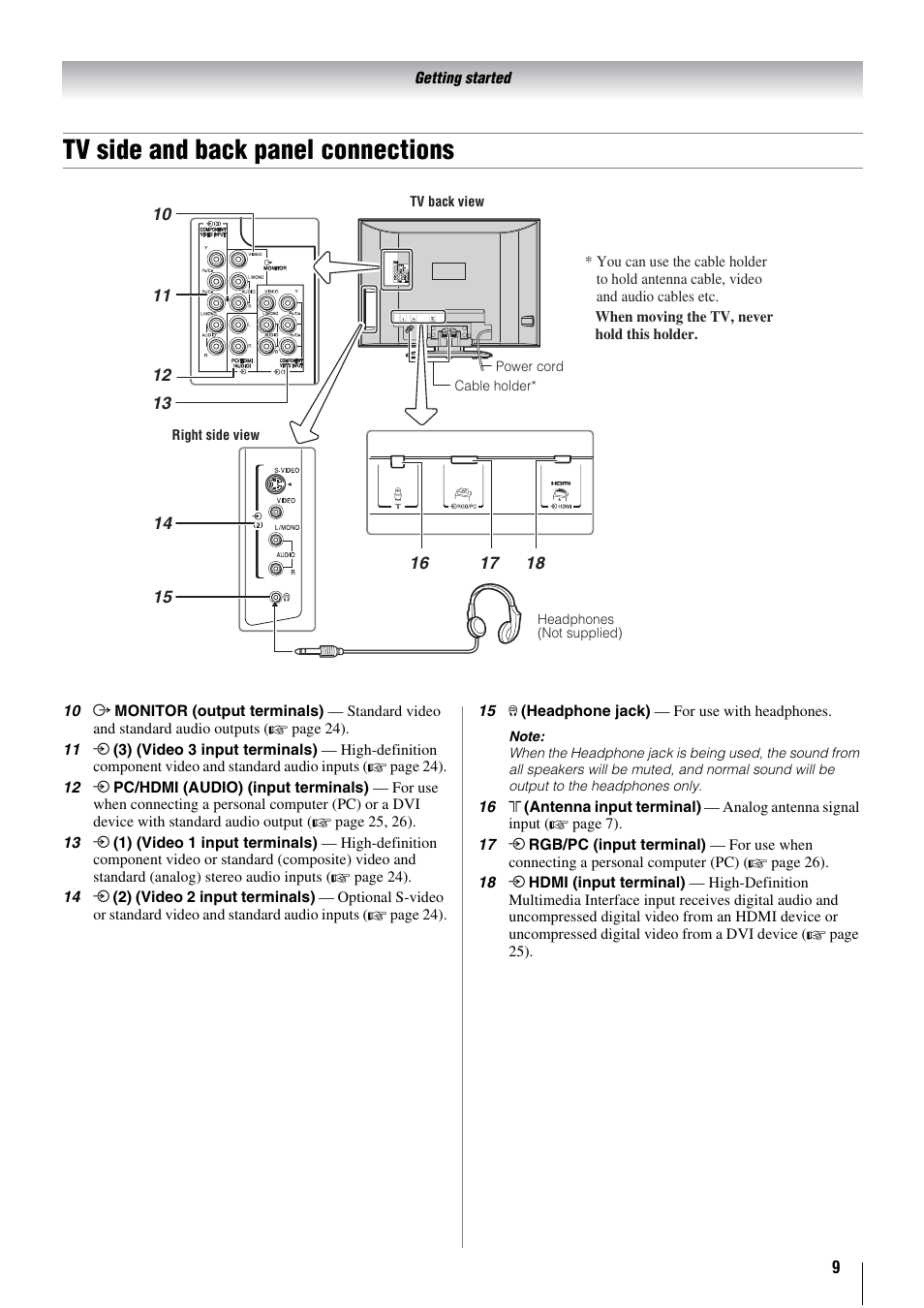 Tv side and back panel connections | Toshiba 26WL66A User Manual | Page 9 / 32