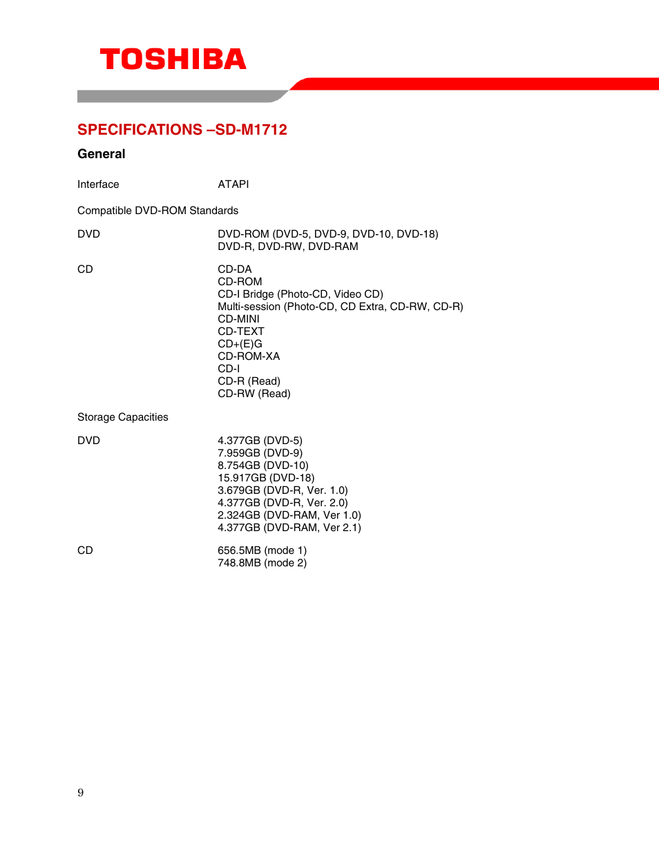 Specifications –sd-m1712 | Toshiba DVD-ROM DRIVE SD-M1712 User Manual | Page 11 / 16