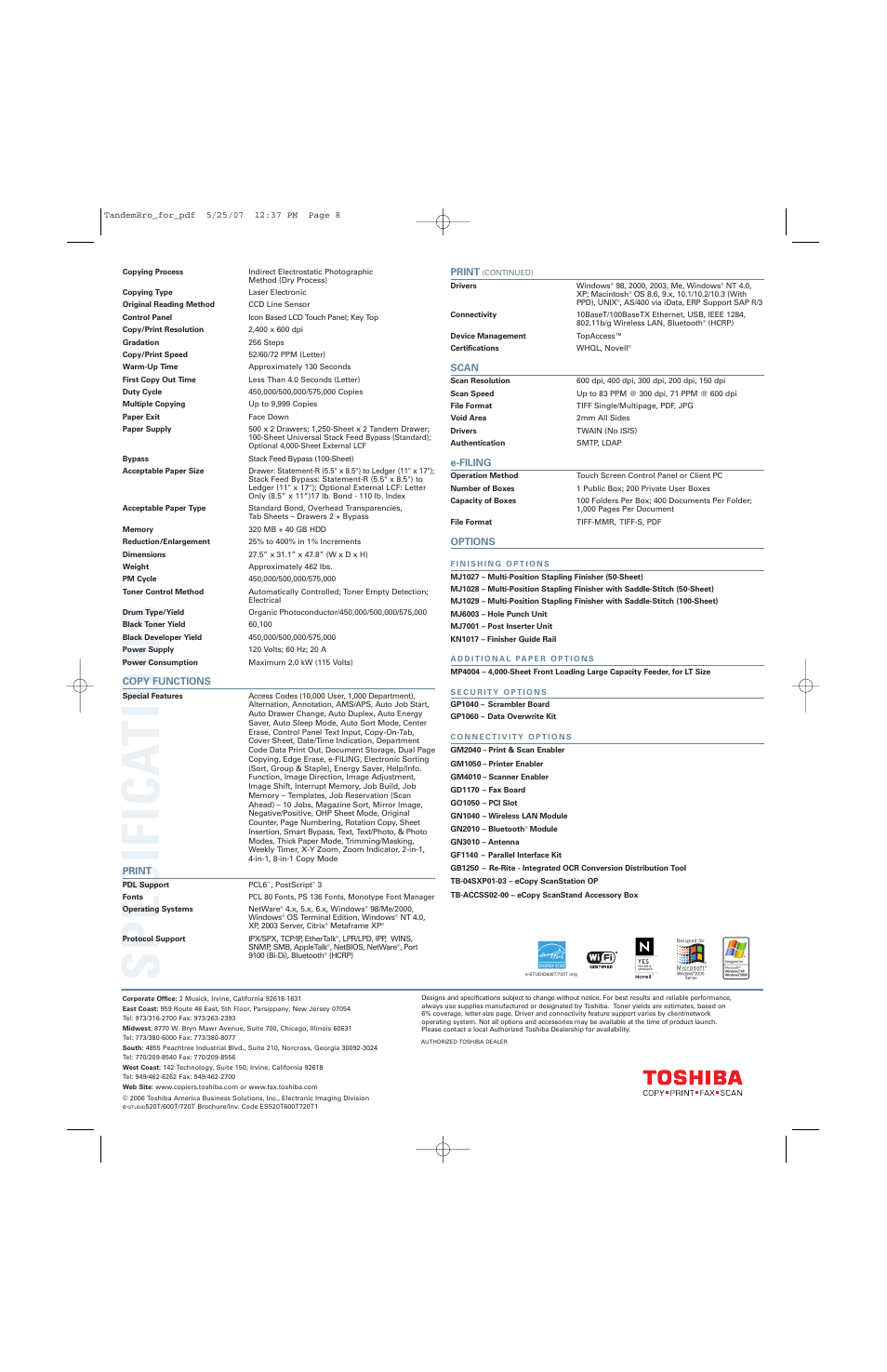 Specifica tions | Toshiba 520T User Manual | Page 8 / 8