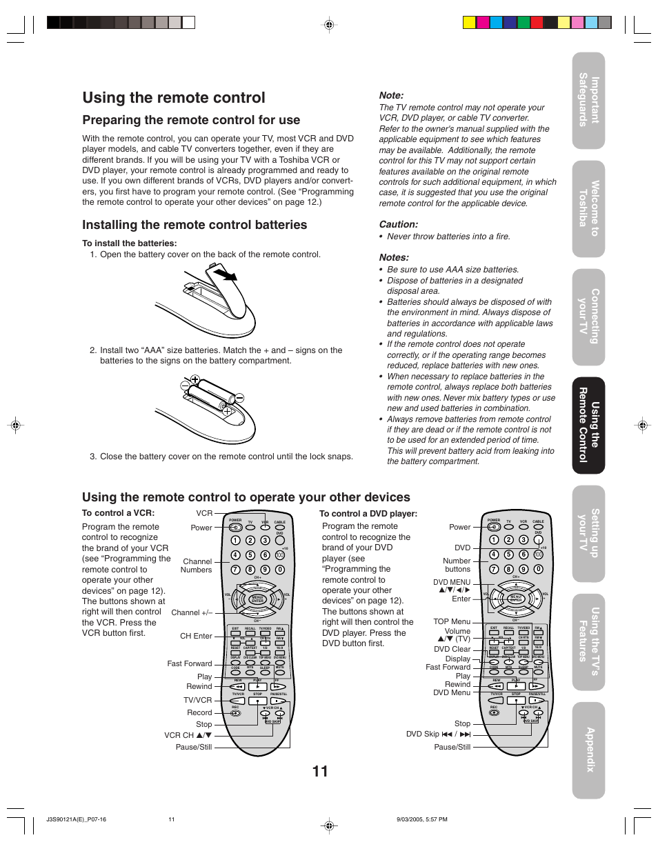 Using the remote control, Preparing the remote control for use, Installing the remote control batteries | Caution | Toshiba 32AF45 User Manual | Page 11 / 36