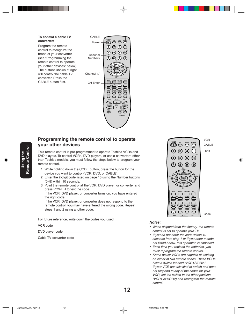 Using the remote contr ol | Toshiba 32AF45 User Manual | Page 12 / 36