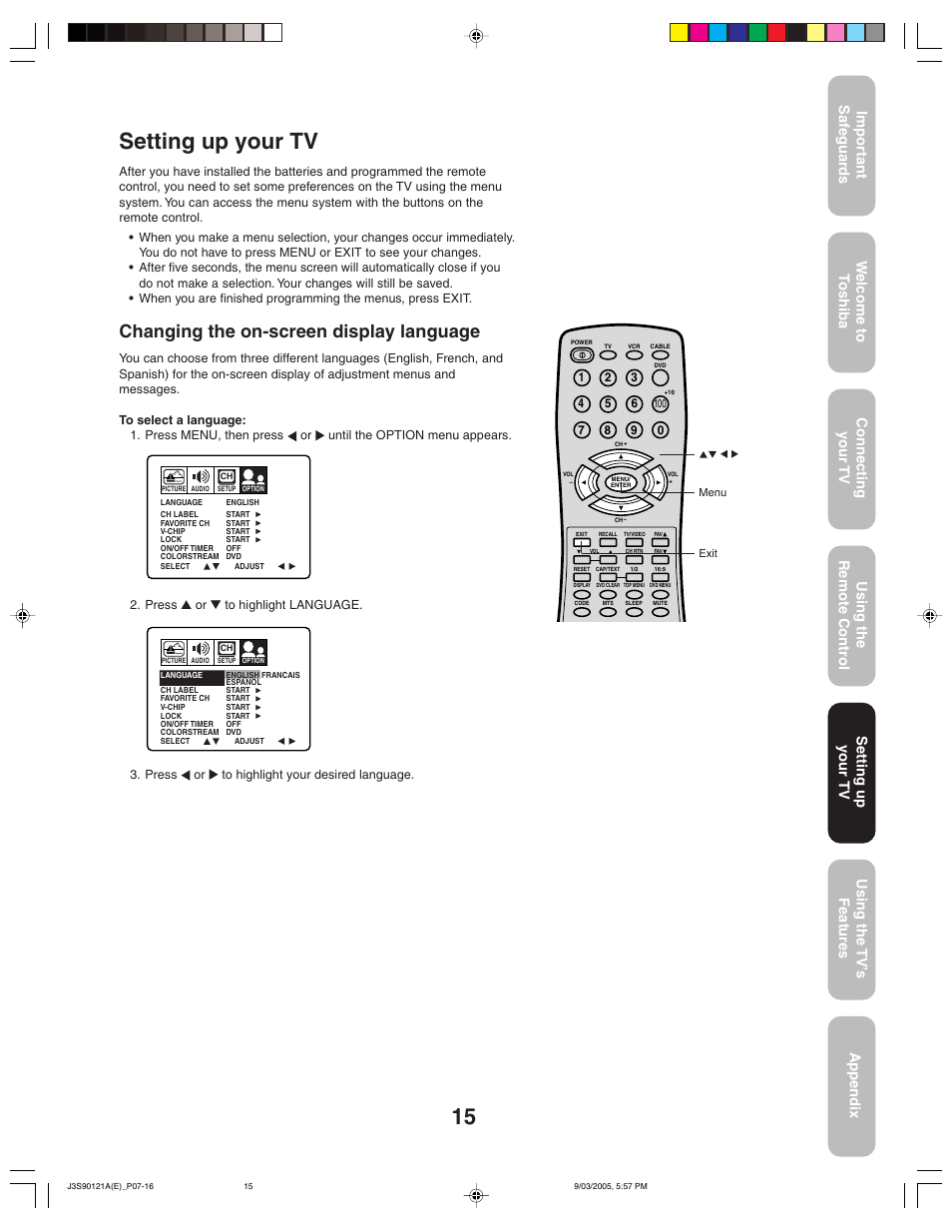 Setting up your tv, Changing the on-screen display language | Toshiba 32AF45 User Manual | Page 15 / 36