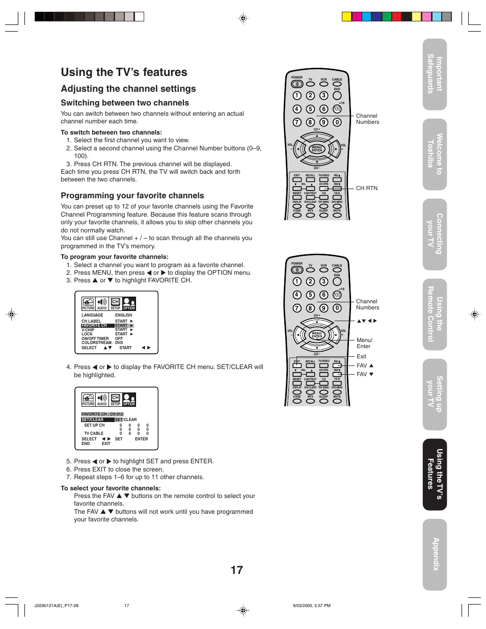 Using the tv’s features, Adjusting the channel settings, Switching between two channels | Programming your favorite channels, Using the tv ’s features | Toshiba 32AF45 User Manual | Page 17 / 36