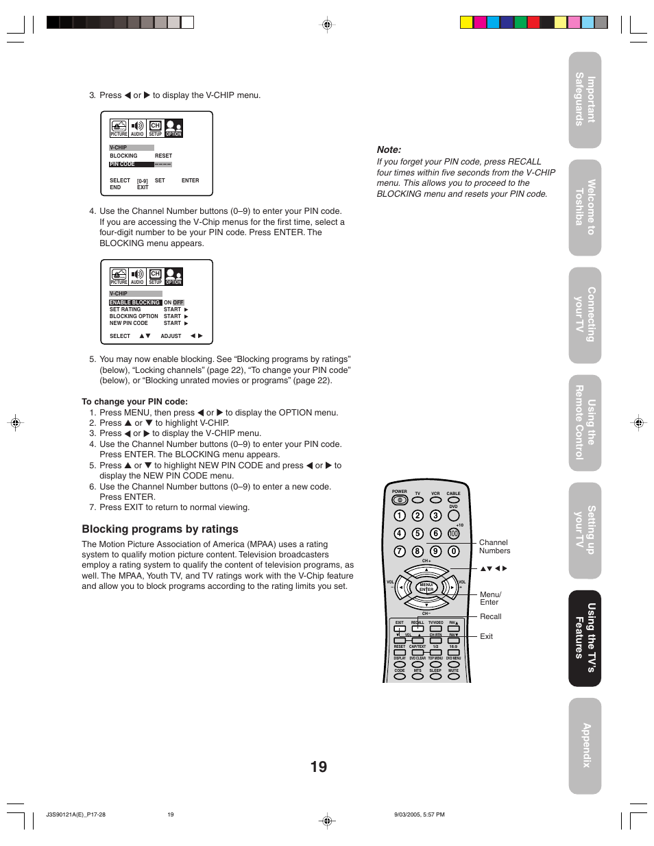 Blocking programs by ratings, Using the tv ’s features | Toshiba 32AF45 User Manual | Page 19 / 36