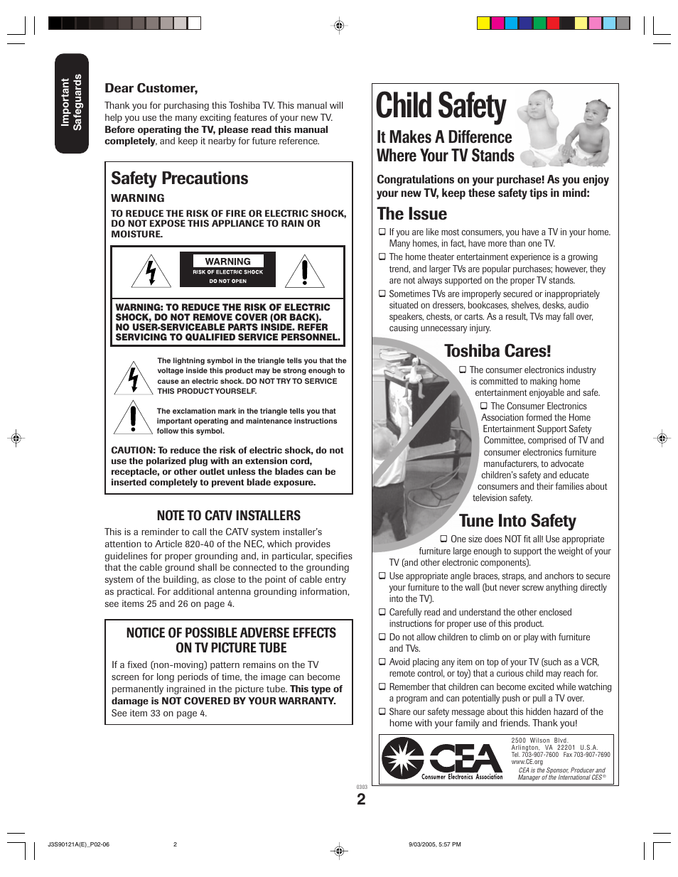 Child safety, It makes a difference where your tv stands, The issue | Toshiba cares, Tune into safety, Safety precautions | Toshiba 32AF45 User Manual | Page 2 / 36