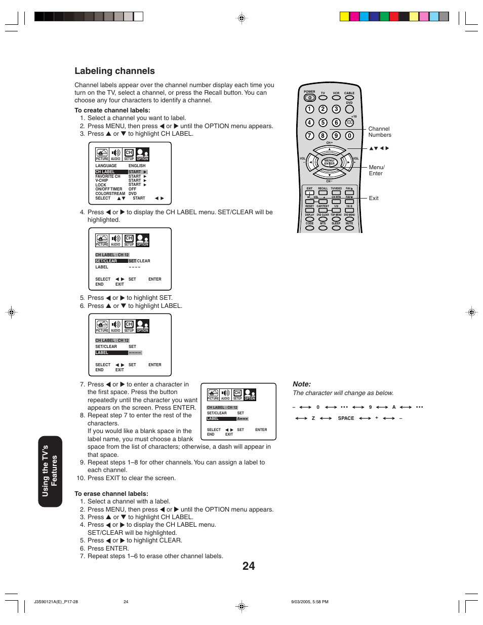 Labeling channels, Using the tv ’s features | Toshiba 32AF45 User Manual | Page 24 / 36