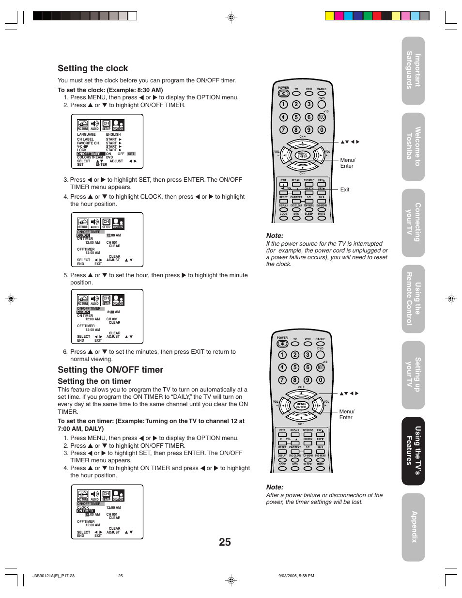 Setting the clock, Setting the on/off timer, Setting the on timer | Toshiba 32AF45 User Manual | Page 25 / 36