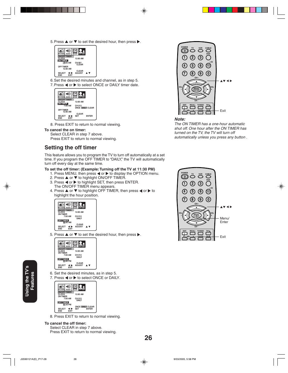 Setting the off timer, Using the tv ’s features | Toshiba 32AF45 User Manual | Page 26 / 36