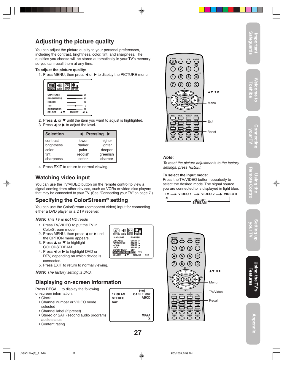 Adjusting the picture quality, Displaying on-screen information, Watching video input | Specifying the colorstream, Setting, Selection pressing, Using the tv ’s features | Toshiba 32AF45 User Manual | Page 27 / 36