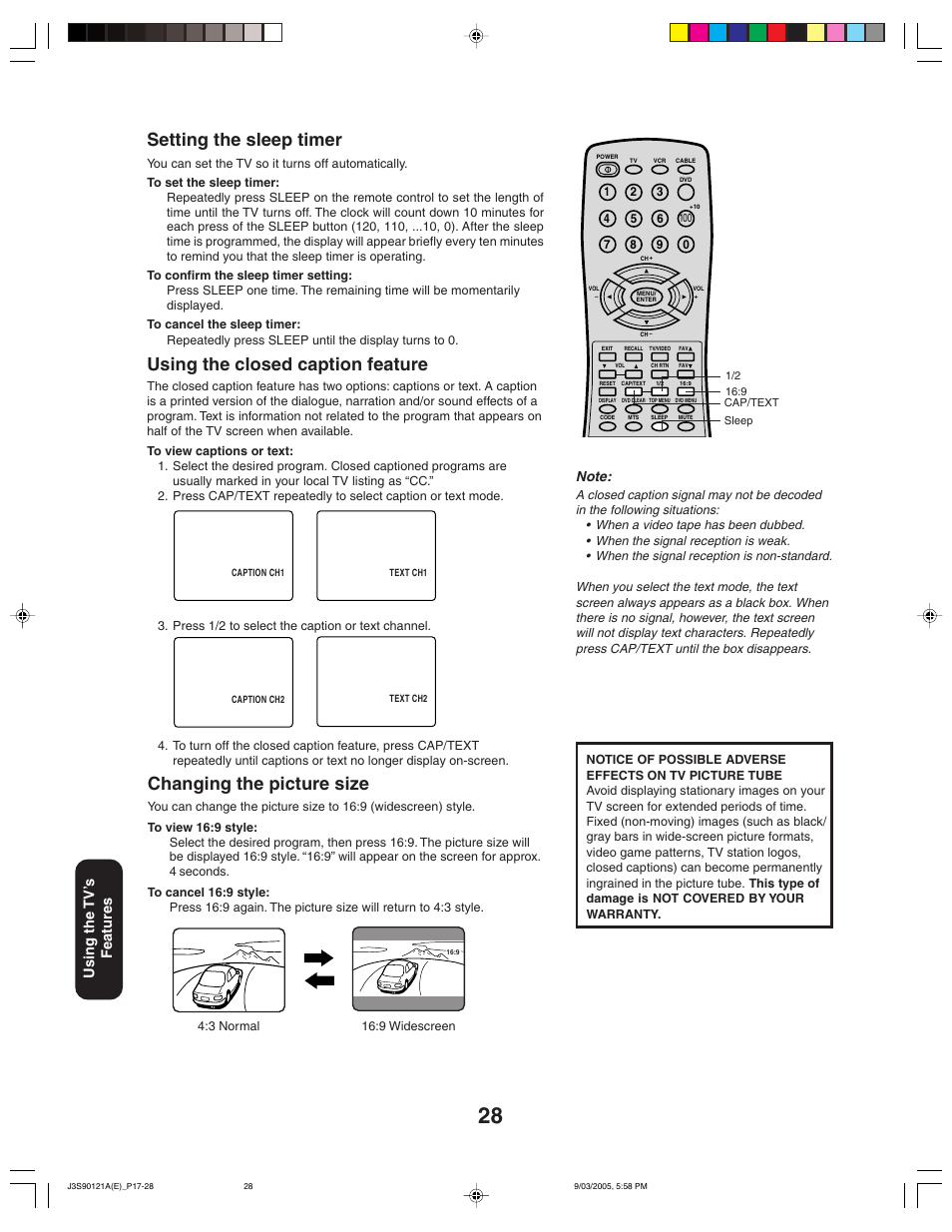 Setting the sleep timer, Using the closed caption feature, Changing the picture size | Using the tv ’s features | Toshiba 32AF45 User Manual | Page 28 / 36