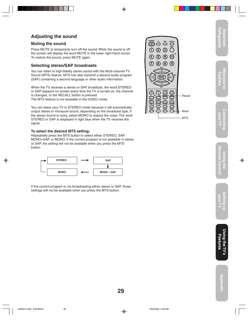 Adjusting the sound, Muting the sound, Selecting stereo/sap broadcasts | Toshiba 32AF45 User Manual | Page 29 / 36